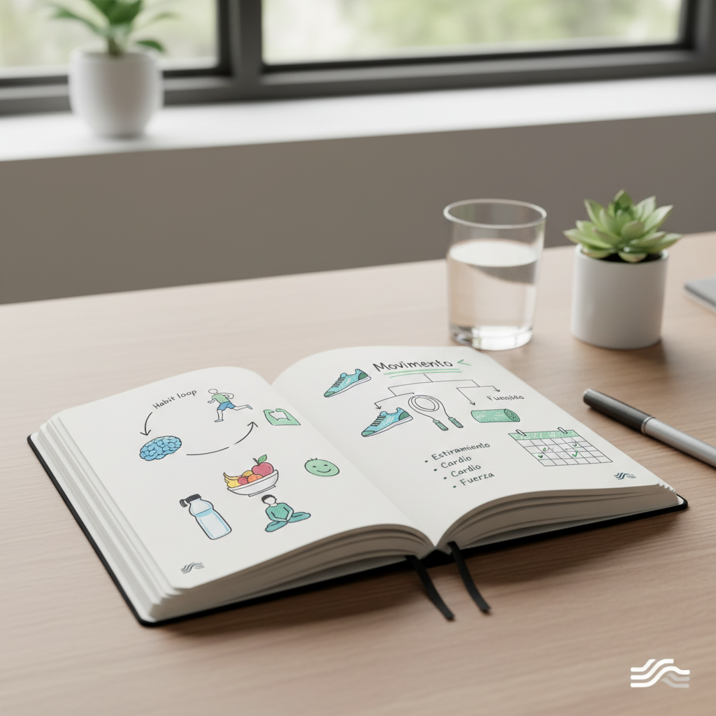 Cuaderno de notas con diagramas sobre hábitos saludables