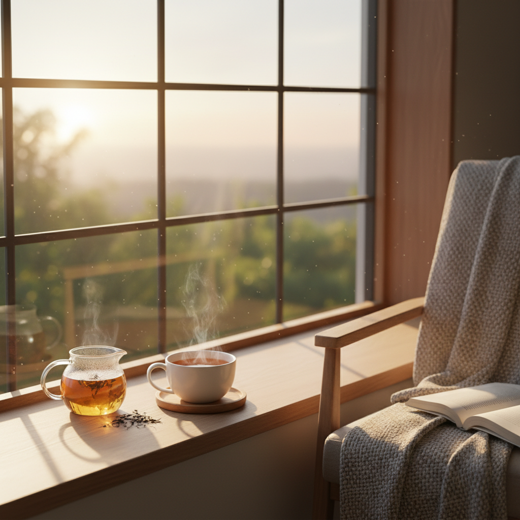 Taza de té junto a una ventana con luz matutina