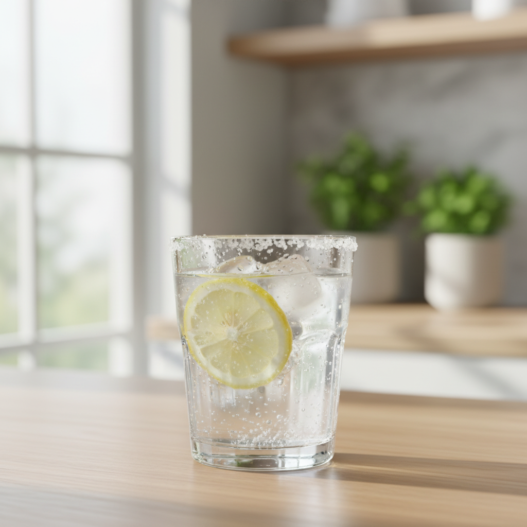 Vaso de agua con rodajas de limón y sales minerales