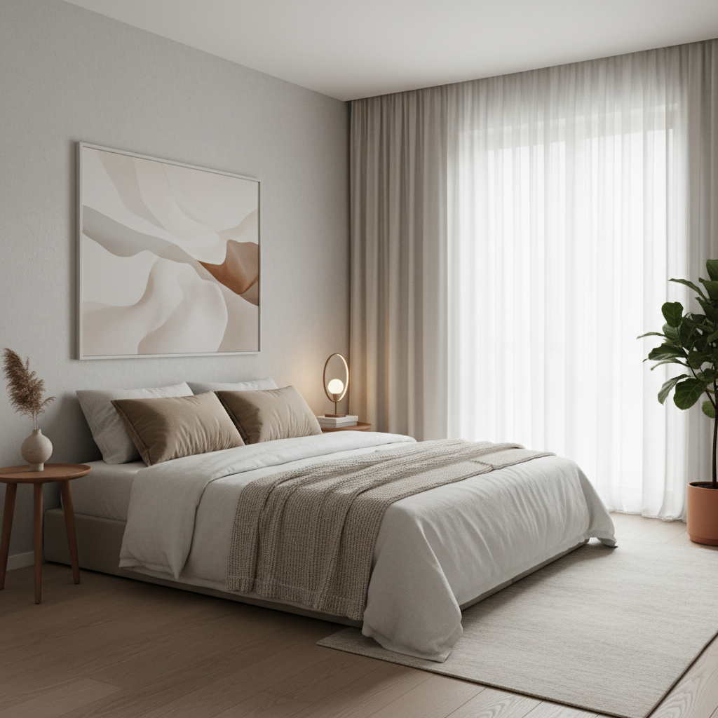 Dormitorio minimalista en tonos neutros que invita al descanso