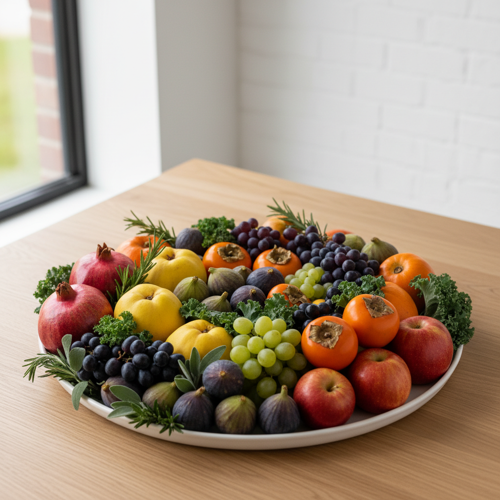 Frutas y vegetales de temporada dispuestos artísticamente